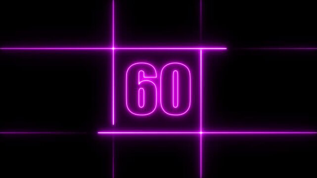 65 to 0 second modern digital countdown timer neon light style on black background, 65 seconds simple countdown timer. 65 second technology digital neon led light game timer animation