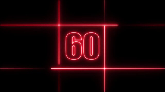 65 to 0 second modern digital countdown timer neon light style on black background, 65 seconds simple countdown timer. 65 second technology digital neon led light game timer animation