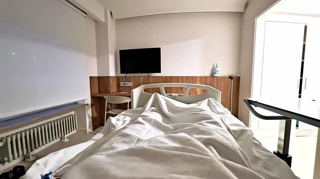 Interior view of a modern, clean, and empty hospital room featuring an adjustable medical bed with white linens, a television, and large windows with natural light.