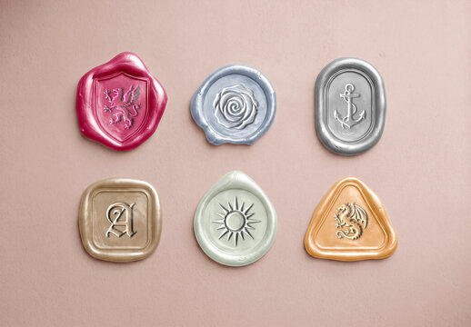 Set of wax seal stamps mockup in different shapes isolated