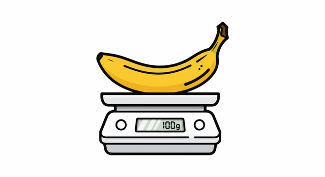 Yellow banana on a digital scale showing 100g