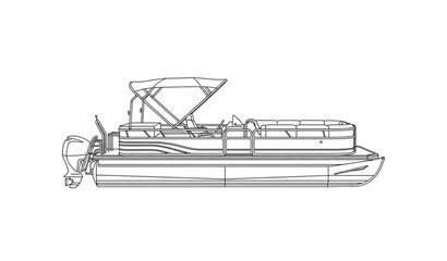 Pontoon boat top view blueprint line art vector motorboat layout minimalist technical illustration © MdMintu