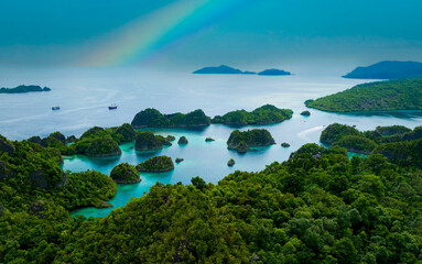 Fototapeta premium Aerial view of landscape scene with Raja Ampat Islands, Indonesian archipelago, West Papua, Indonesia