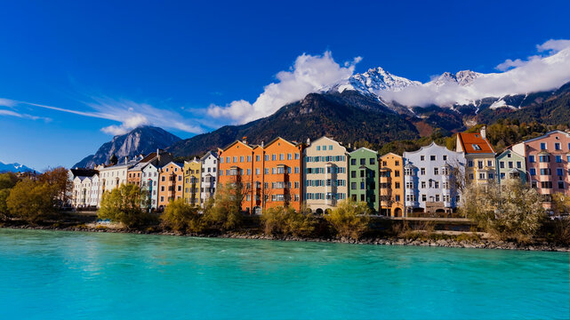 Panoramic view of sunshine day scene at Innsbruck cityscape, colorful historic buildings in Innsbruck, Austria
