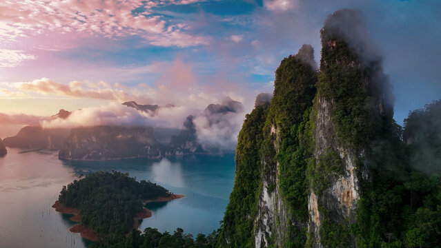 Sunset view at Khao Sok national park Cheow Lan Dam lake with blue sky background in Surat Thani, Thailand