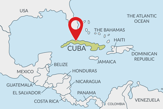 Cuba location on the political map of America with pin location marker. Vector flat template.