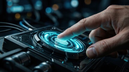 Obraz premium Finger pressing biometric scan ring on control module. Digital identity verification concept.