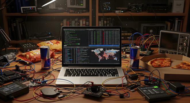 Laptop showing code on cluttered hacker desk with electronics