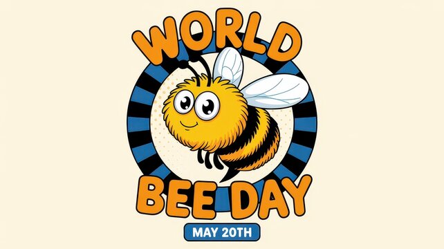 World Bee Day May 20th poster with a cute cartoon bee mascot illustration.
