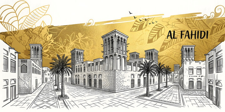 Artistic Al Fahidi Wall Art: Hand-Drawn Line Illustration of the Dubai Heritage Landmark with Golden Watercolor Accents, Wind Tower Details, and Elegant Historic Architectural Sketch for Decor.