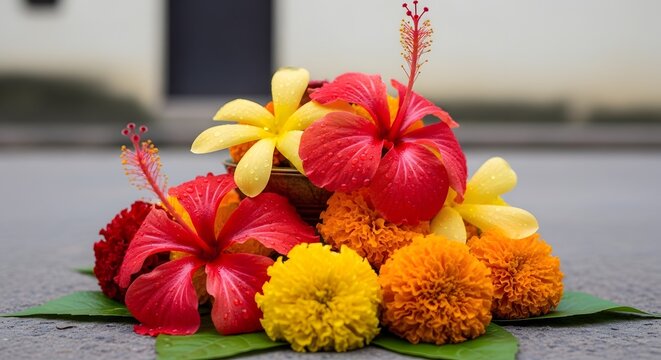 Colorful Indian floral offering of red hibiscus and marigolds for Raja festival celebration in Odisha.