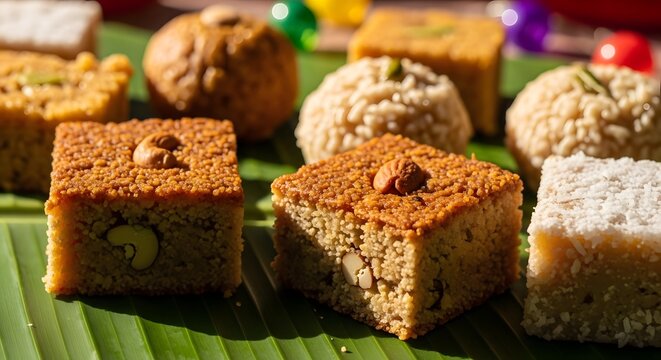 Traditional Indian sweets served on a green banana leaf for a festival