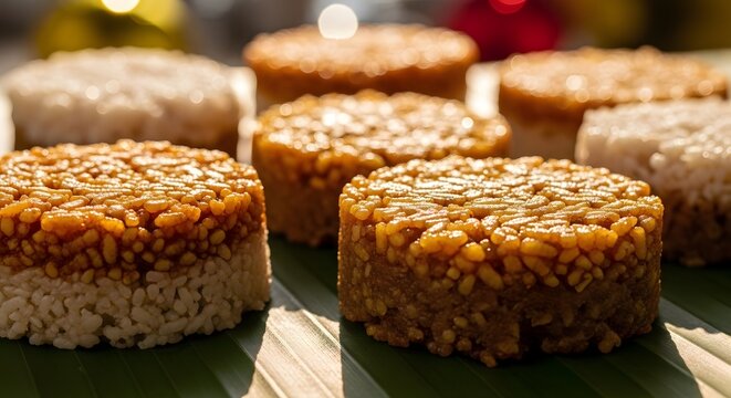 Traditional rice cakes served on green banana leaf for seasonal festival