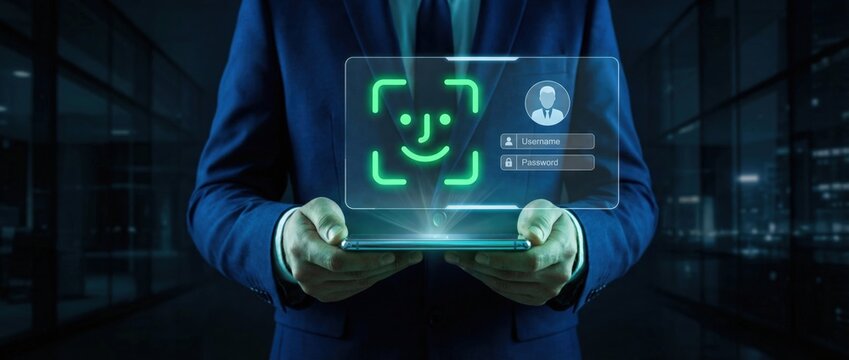 Facial recognition technology implementation modern office digital interaction urban environment close-up view innovation in business operations