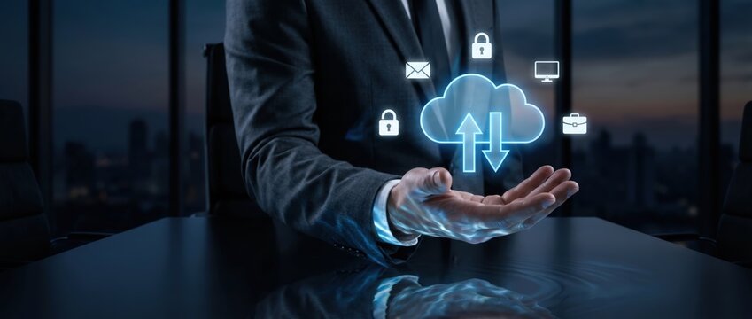 Digital data exchange action corporate office infographic content modern environment close-up view cloud computing concept for enhanced security and efficiency