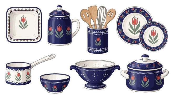 Set of kitchenware with blue floral tulip pattern
