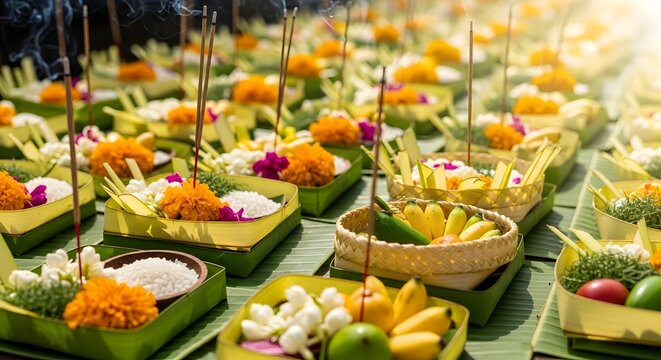 Traditional Balinese offerings with incense and flowers for prayer