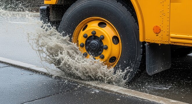 School bus driving through puddle splashing water on wet road. Close-up of yellow bus tire creating splash as it navigates rainy street. Dynamic scene of school bus demonstrating vehicular movement.