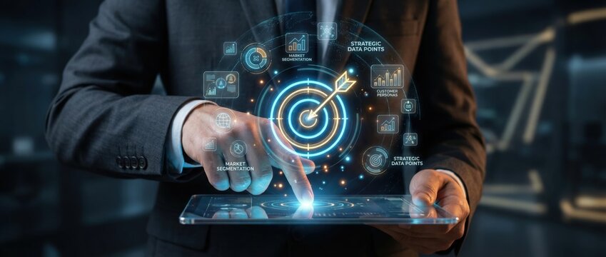 Data-driven business strategy implementation corporate office infographic display digital environment close-up view visualizing success metrics for enhanced decision-making