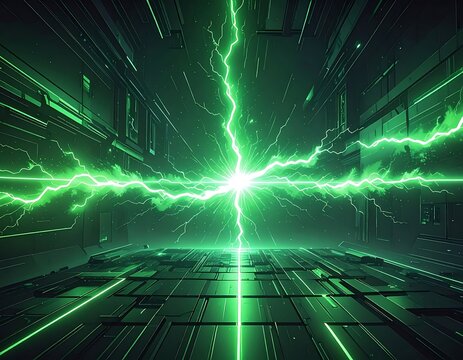 A bright green lightning bolt illuminates a futuristic dark room