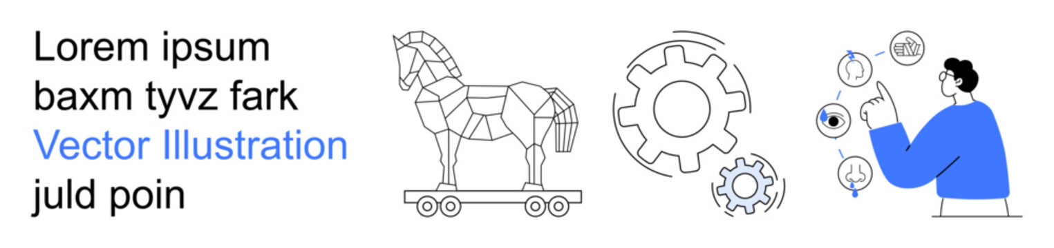 Cybersecurity, online scams, hacking, digital safety, malware prevention, and technology education. a Trojan horse, gears and a figure interacting with technology. Cybersecurity and online scams