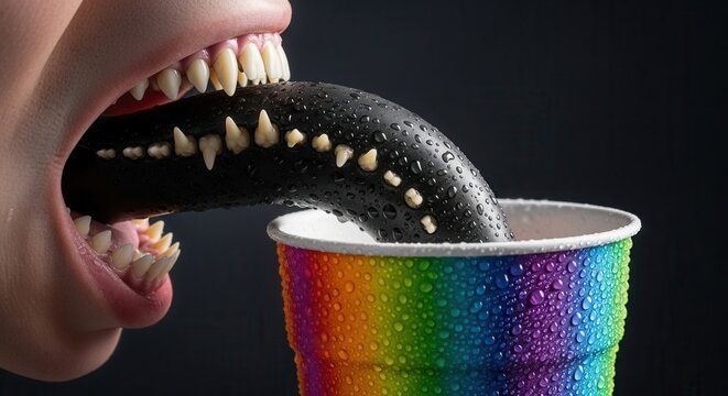 Unique beverage concept with colorful rainbow cup and black snake-like object dripping into liquid. Beverage scene features glossy condensation on vibrant cup and intriguing tongue-like element,