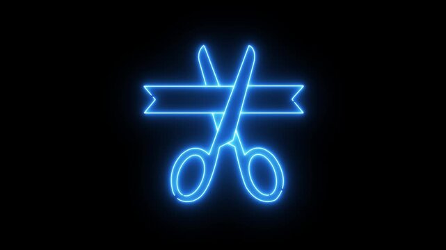 glowing neon Grand opening icon, ribbon cutting icon isolated on black background. Grand opening with scissors cutting ribbon for business inauguration and celebration events. 4k video animation