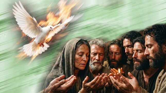 Pentecost scene featuring the descent of the Holy Spirit as a dove with tongues of fire above a group of praying apostles and Mary. Biblical representation of a spiritual miracle.