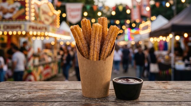 Churros with Chocolate Dip at a Lively Outdoor Festival