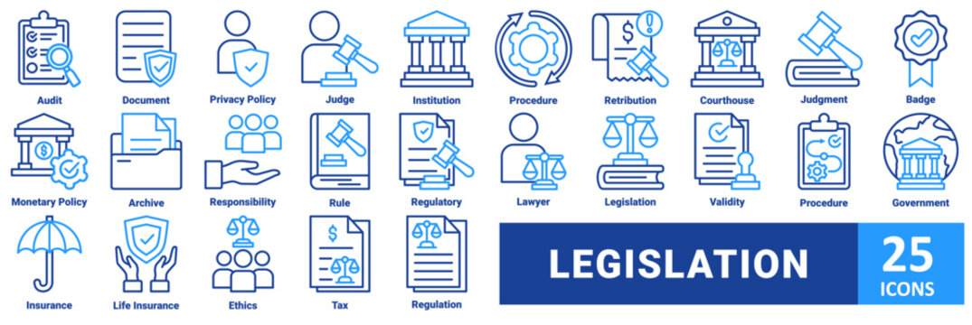 Legislation icon set. with icon audit, document, privacy policy, judge, institution, procedure, retribution, courthouse, judgment, badge, monetary policy, archive, responsibility, rule, regulatory 