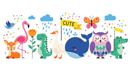 Fototapeta premium Collection of cute cartoon animals including deer, flamingo, dinosaur, duck, whale, owl, and crocodile
