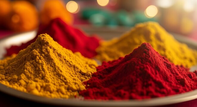 Bright colorful kumkum and turmeric powder piles on a metal plate for rituals