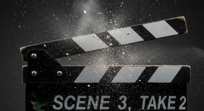Movie clapperboard with scene number and take number surrounded by flying dust particles. Movie clapperboard indicates filming progress with scene 3 and take 2 prominently displayed.
