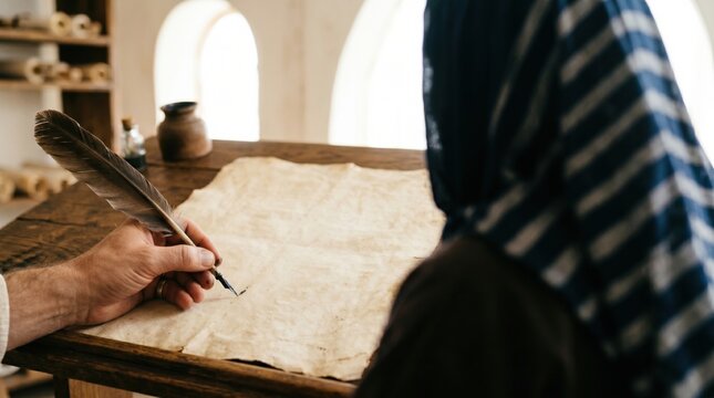 Man scribe writing on parchment with feather pen near woman. Biblical era scene depicting apostle recording history or scripture. Religious tradition, ancient record keeping and faith.