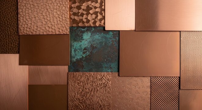 Assorted copper and bronze metal sheets with various textures