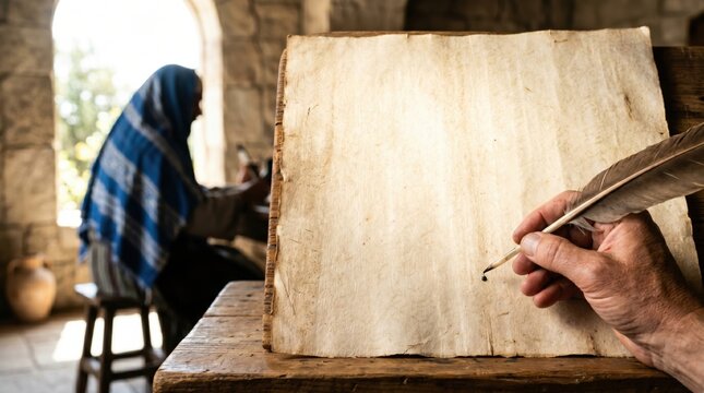 Scribe writing on vintage parchment paper with quill. Man hand holding pen in ancient room with woman in background. Biblical era scene, historical manuscript creation and spiritual writing.