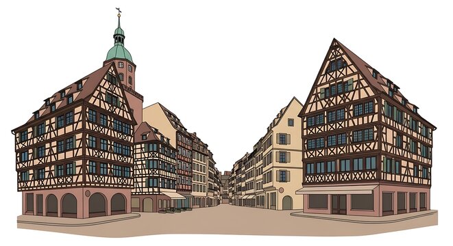 Historic European Old Town with Half Timbered Houses Illustration
