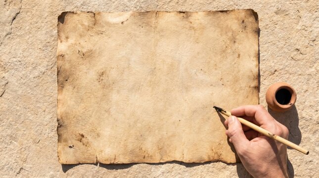Man hand writing on old blank parchment paper with reed pen and inkwell. Ancient letter or bible manuscript document. Religious scripture, historic writing, biblical time storytelling.