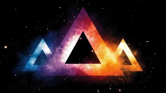 Colorful triangular geometric shapes amidst cosmic dust and stars in space. Black Friday sale