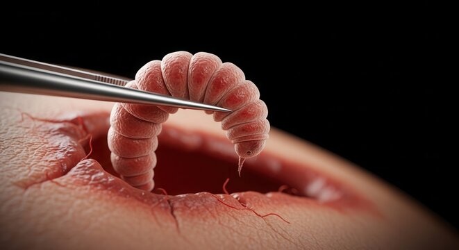 Close-up of scientific procedure involving live larva extracted from skin with tweezers. This detailed image showcases extraction technique and medical context.