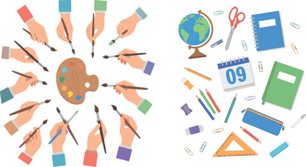 Creative teamwork painting concept vector with hands holding brushes palette and school supplies art collaboration illustration set © MstTanzila