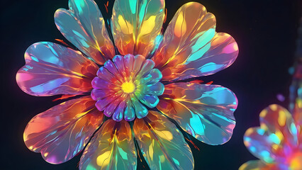 Obraz premium abstract flower background, Futuristic hologram floral pattern transparent glowing petals with rainbow refraction digital style