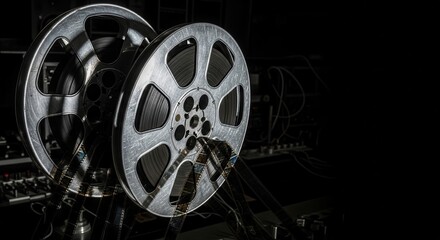 Naklejka premium Film reels with vintage black background showcasing cinematic history. Film reels highlight elements of filmmaking with intricate details on the spools.