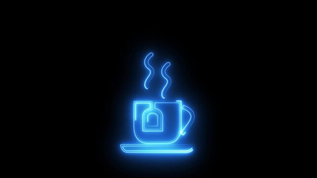 Glowing neon line Cup of tea with tea bag icon isolated on black background. 4K Video motion graphic animation.