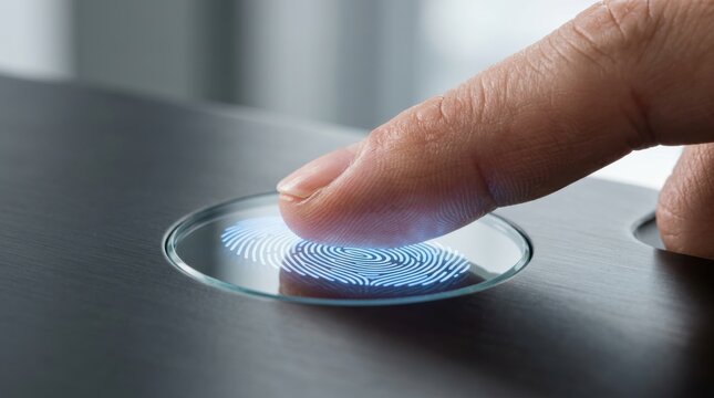 Close up finger on embedded fingerprint reader in desk. Digital identity verification concept.
