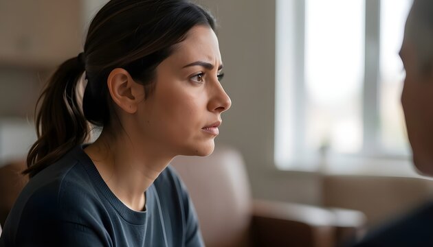 una mujer sumida en sus pensamientos durante una conversaci&oacute;n personal, capturando una conexi&oacute;n emocional pura.