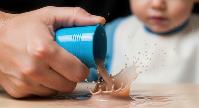 Child mischievously spilling chocolate drink from bright blue cup onto table surface. Spill creates exciting splash effect and captures child's curious expression in background.