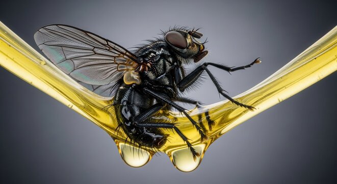Close-up of insect in honey with detailed features and glistening droplets, showcasing the intricate anatomy of a fly. Unique perspective highlights the detailed interaction between fly and honey.