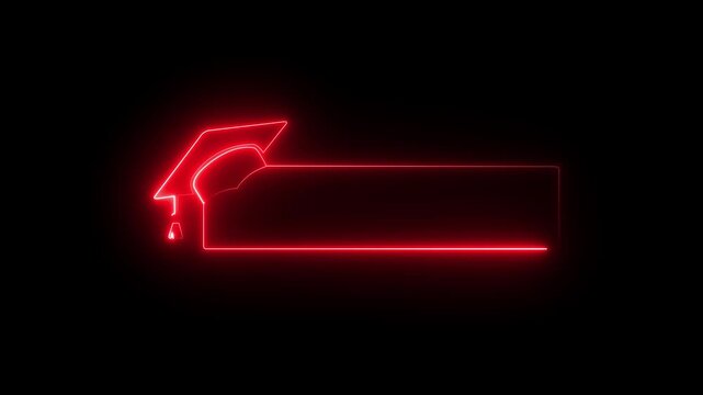 glowing neon graduation cap and blank frame icon isolated on black background. Graduate college, high school or educational cap symbol. degree ceremony hat with line stroke border. 4k video animation.