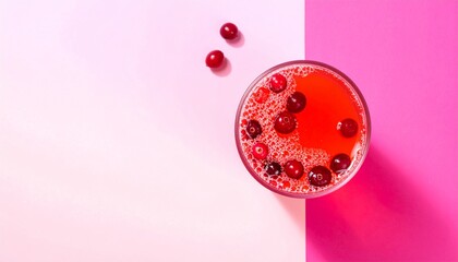Fototapeta premium Cranberry Beverage Garnished with Fresh Cranberries and Rosemary on Pink Gradient Background Highlighting Vibrant Freshness